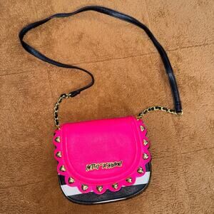 Betsey Johnson Crossbody Bag –Pink, Black & White Stripes with Gold Heart Studs